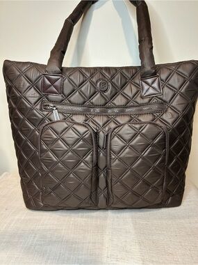Joan & David Quilted Brown Tote Bag with Front Pockets & suitcase strap